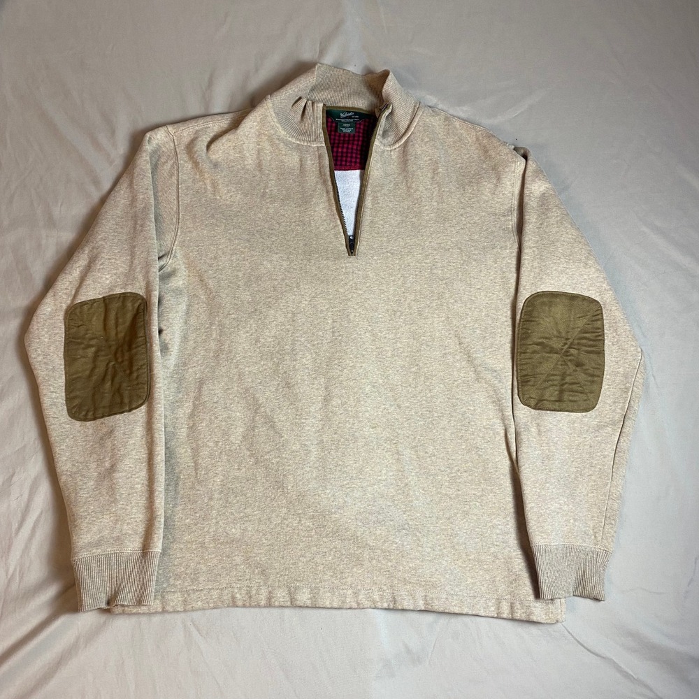 Woolrich Mens Large Quarter Zip Sweatshirt Oatmeal Heather Elbow Patches Plaid